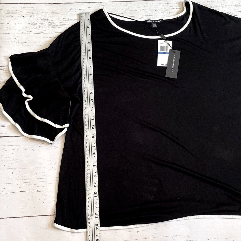 Cable & Gauge Black Ruffle-Sleeved Top with White Trim, size XL, NWT - Picture 9 of 10